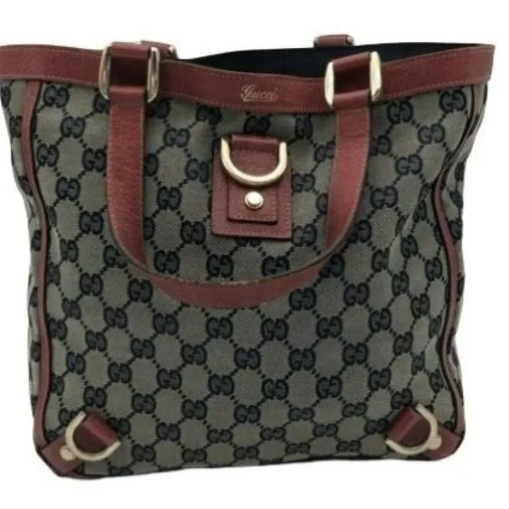 Authentic Gucci 3 Rings Abbey Hobo Handbag- Navy/Red Monogrammed Canvas - Picture 5 of 8